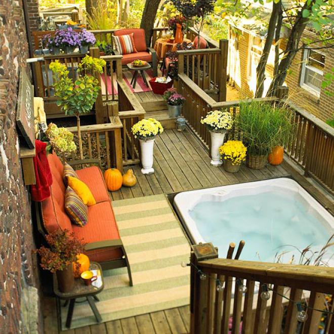 idee terrasse en bois bain à remous-meubles-plantes